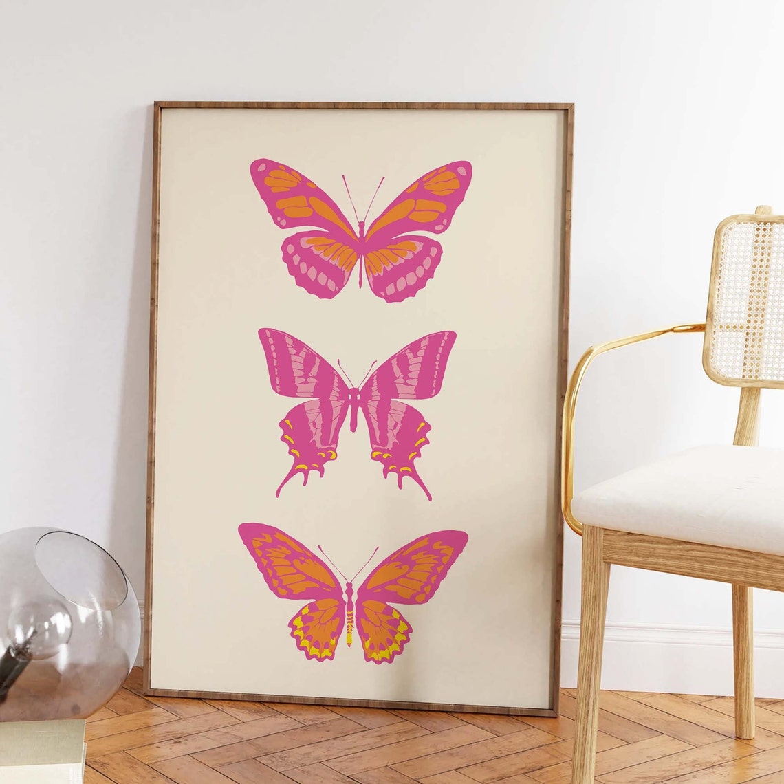 Three Pink Orange Butterflies Vintage Trendy Retro Pop Art Poster - Image 2