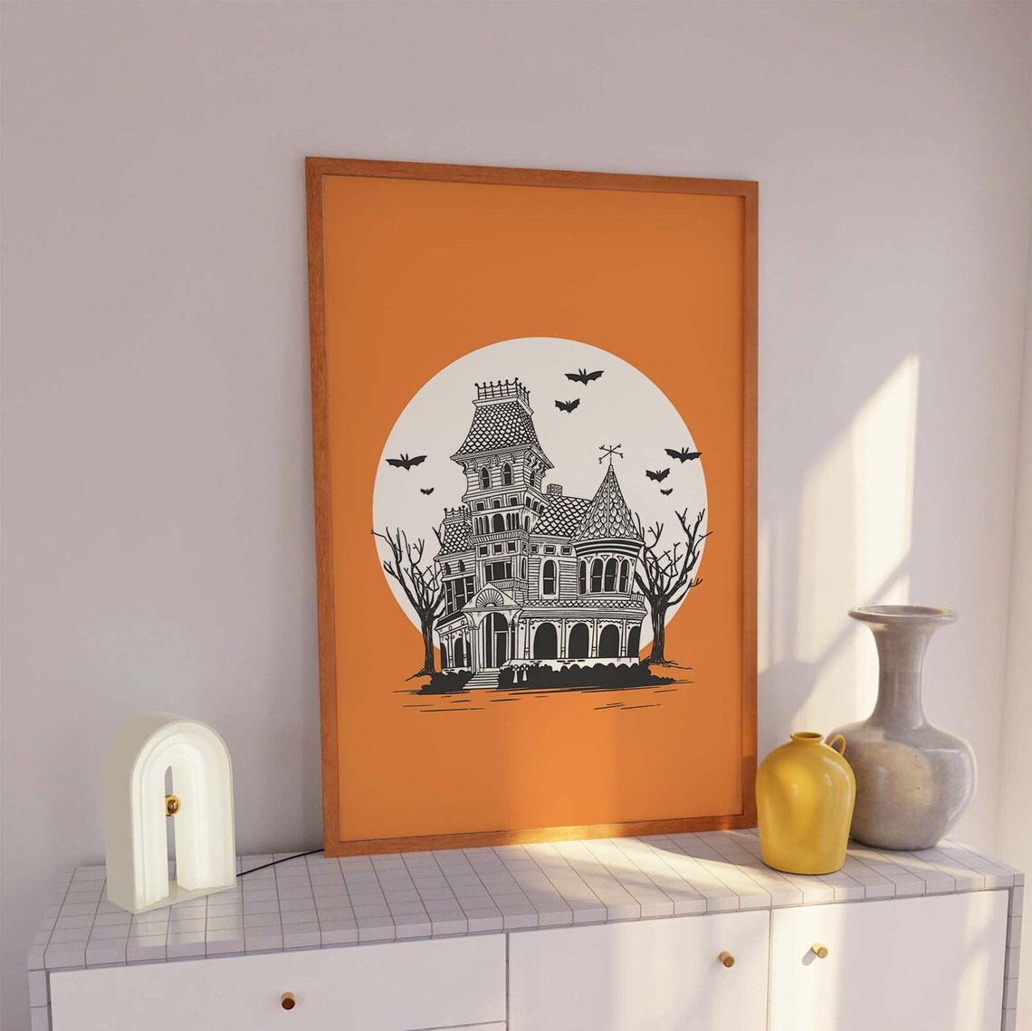 Haunted House Under Full Moon Bats Vintage Orange Halloween Poster - Image 3