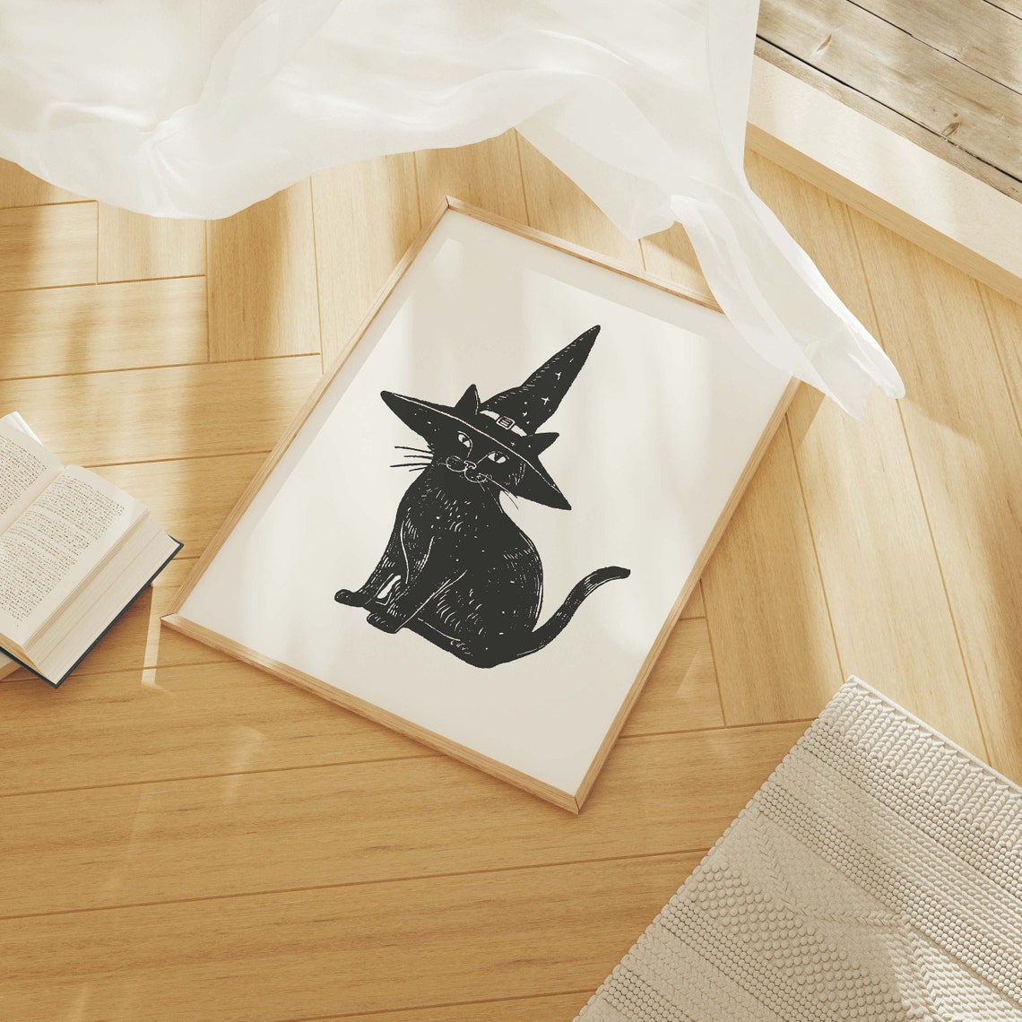 Black Cat Witch Hat Block Style Vintage Halloween Cat Art Poster - Image 6