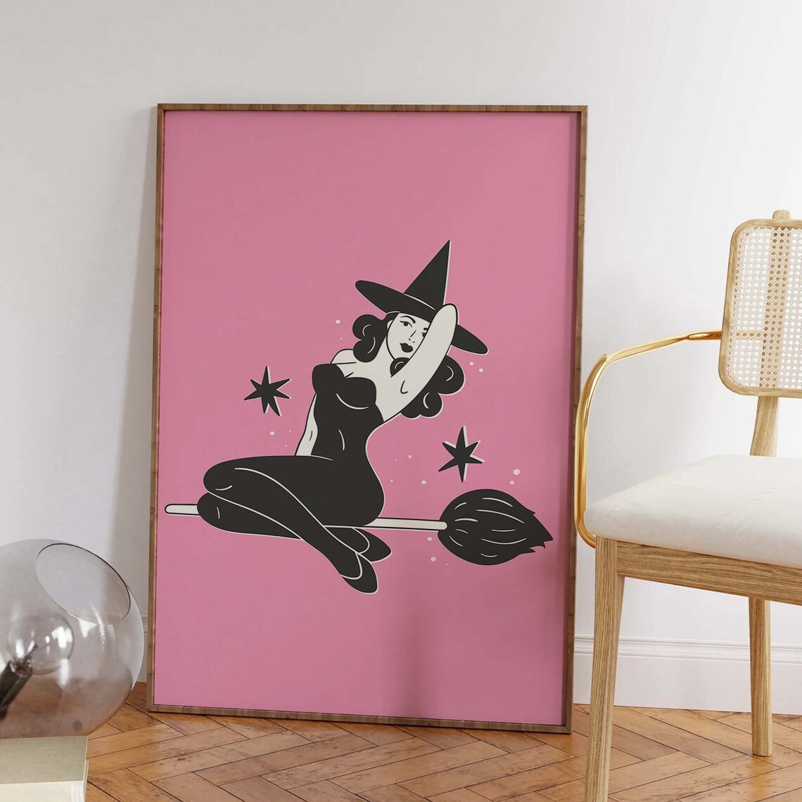 Pin Up Witch Riding Broom Pink Cute Retro Halloween Art Poster - Image 2