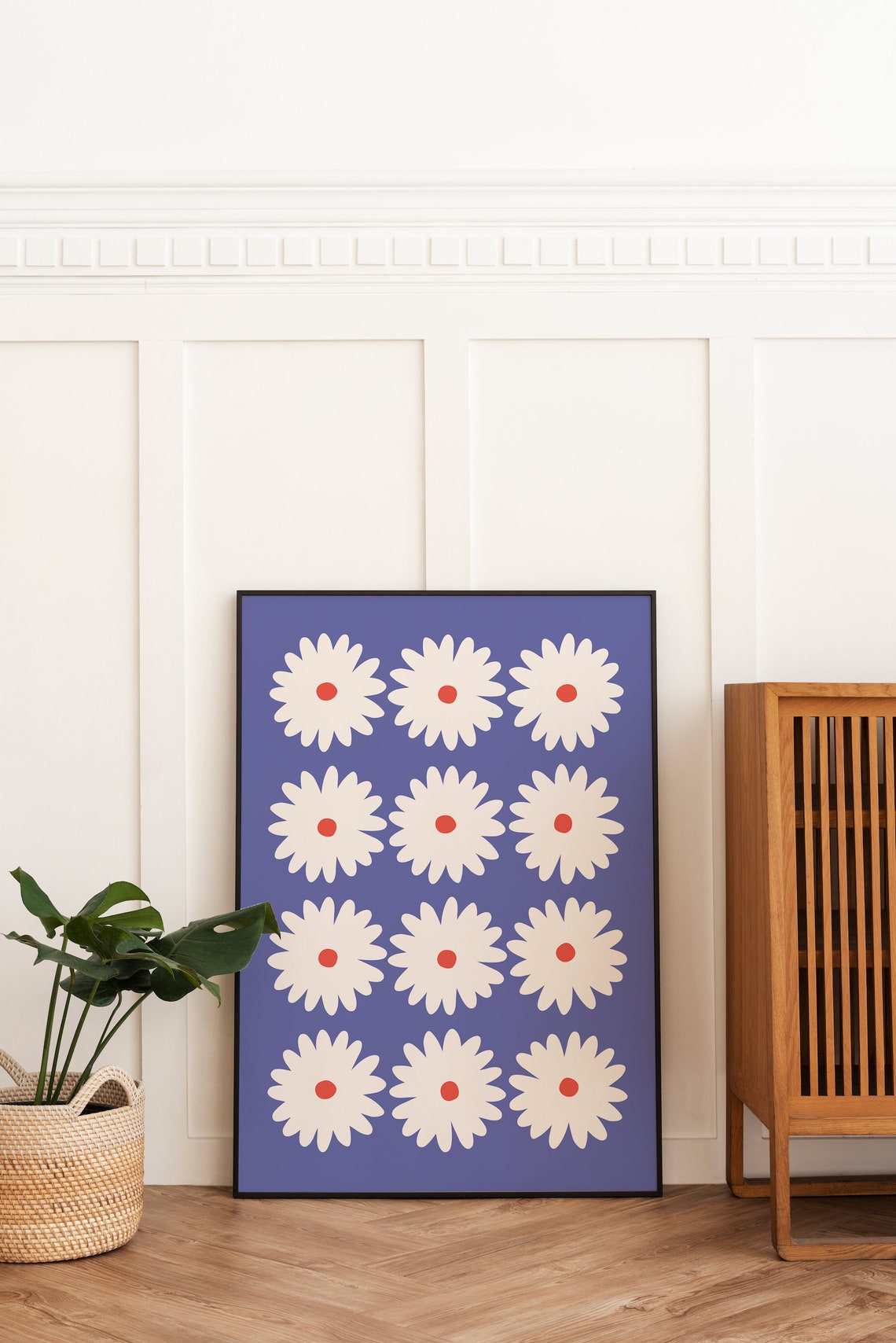 White Daisy Grid Bold Purple Background Retro Floral Art Poster - Image 4