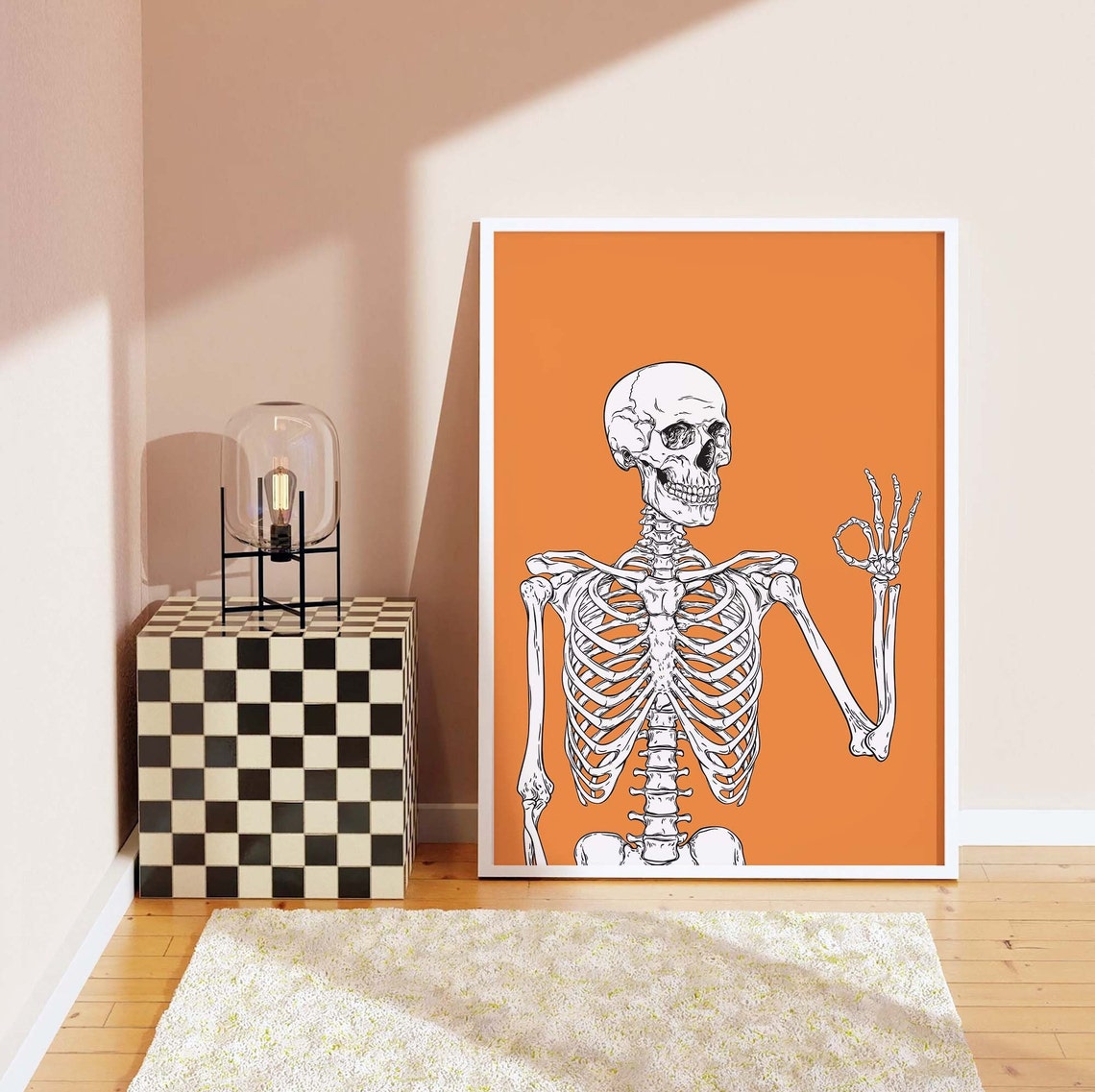 Gothic Skeleton OK Hand Gesture Orange Background Art Poster - Image 7