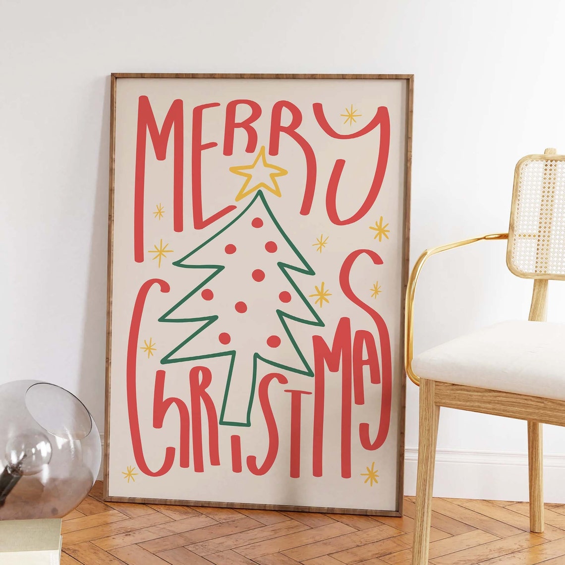 Merry Christmas Red Script Green Tree Holiday Lettering Wall Print - Image 2