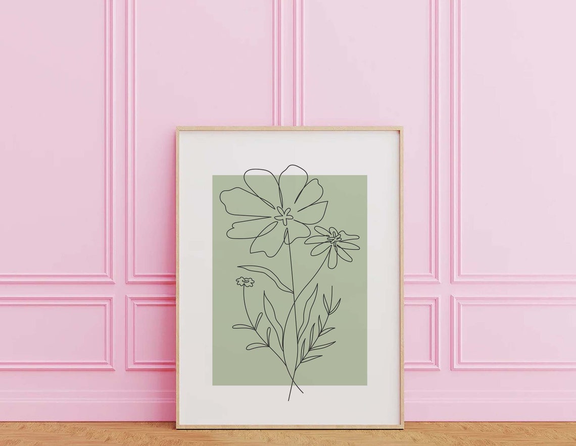 Sage Green Line Art Daisy Flowers Minimalist Neutral Botanical Poster - Image 3