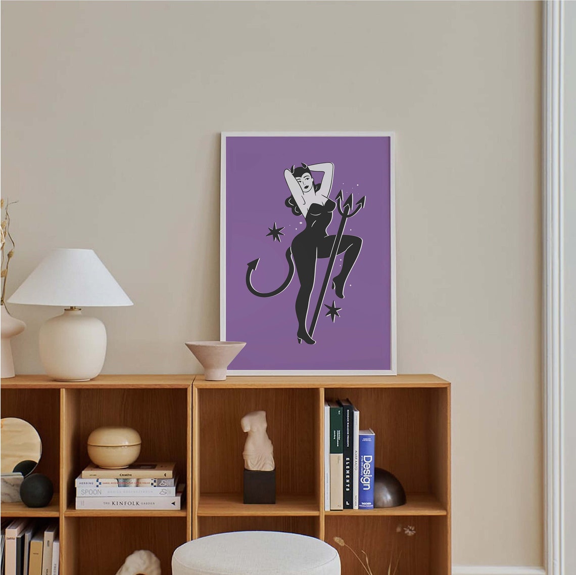 Pin Up Devil Girl Trident Purple Cute Retro Halloween Art Poster - Image 3