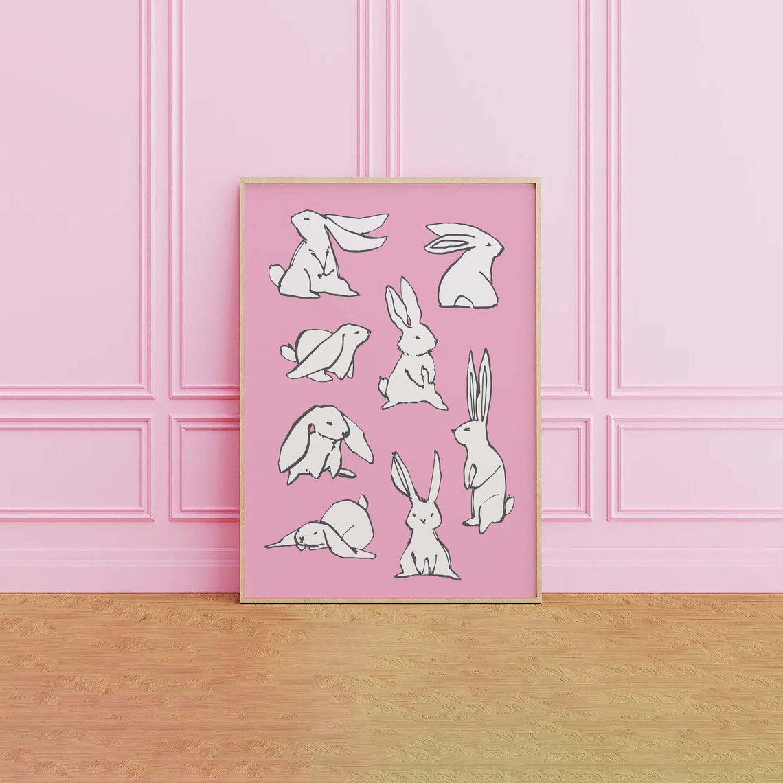 Bunnies Sketch Print Art Cute Rabbit Art Print Pink Wall Art Trendy Easter Decor Nursery Decor - Image 2