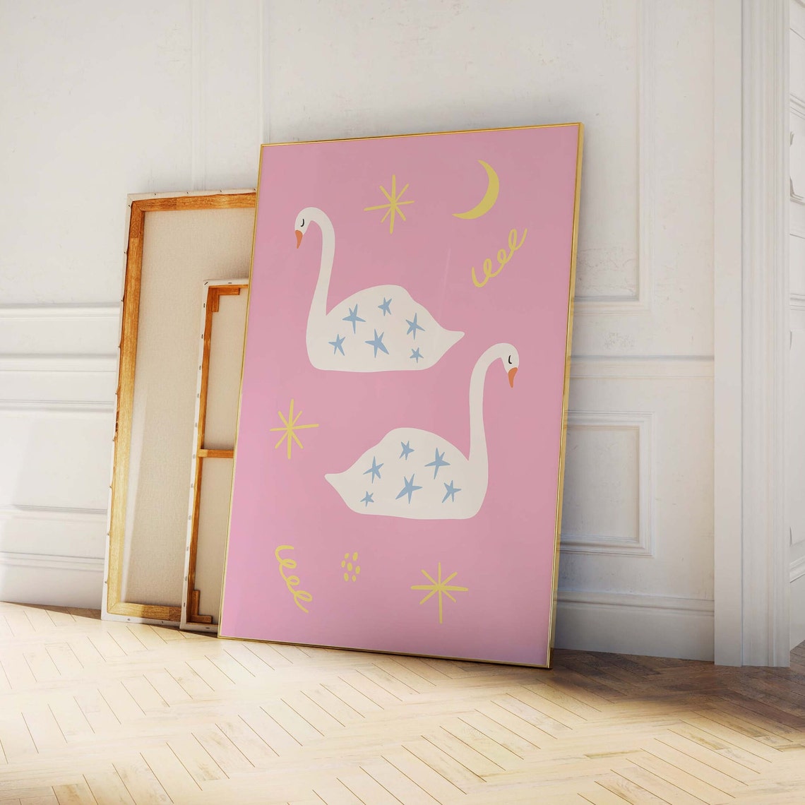 Cute White Swans Pink Nursery Stars and Moon Whimsical Art Poster - Image 3