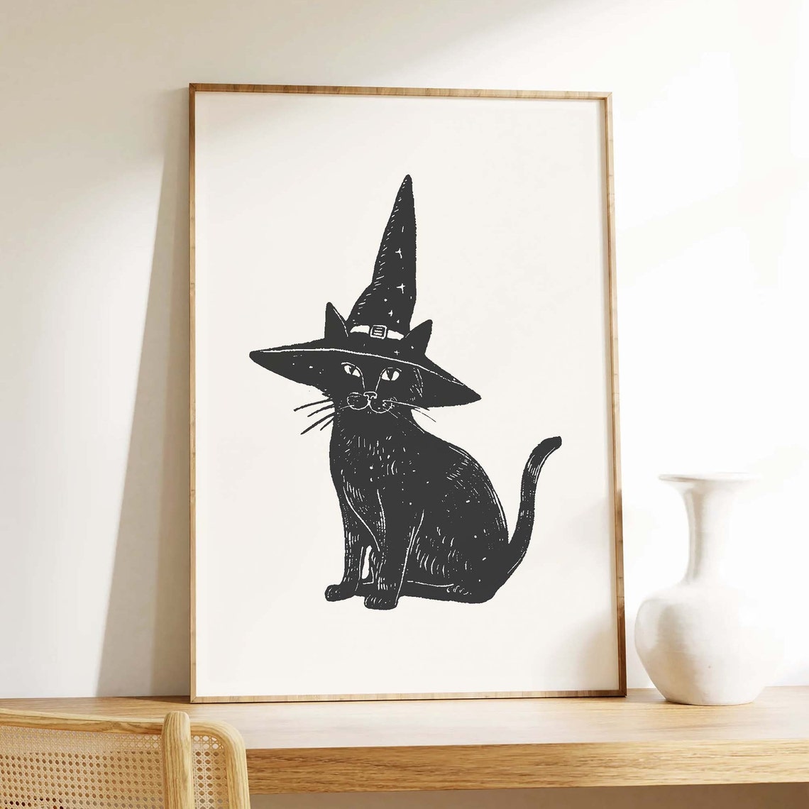 Black Cat Witch Hat Block Style Vintage Halloween Cat Art Poster - Image 4