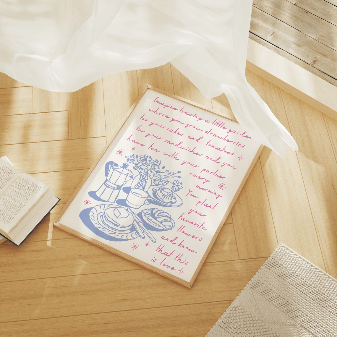 Imagine A Little Garden Slow Morning Tea Quote Poster In Blue - Image 3