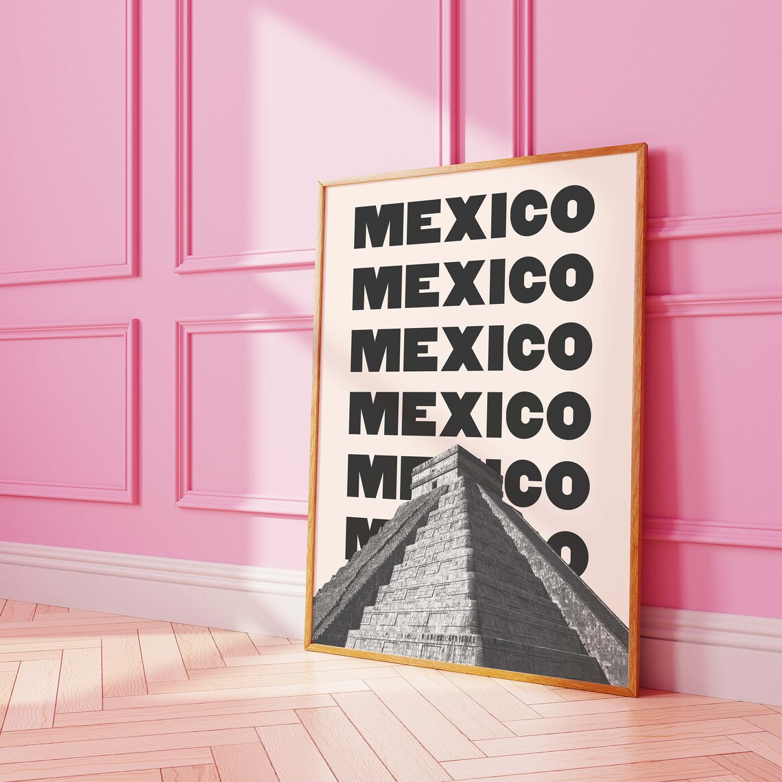 Mexico Repeated Text With Mayan Pyramid Black And White Travel Poster - Image 2