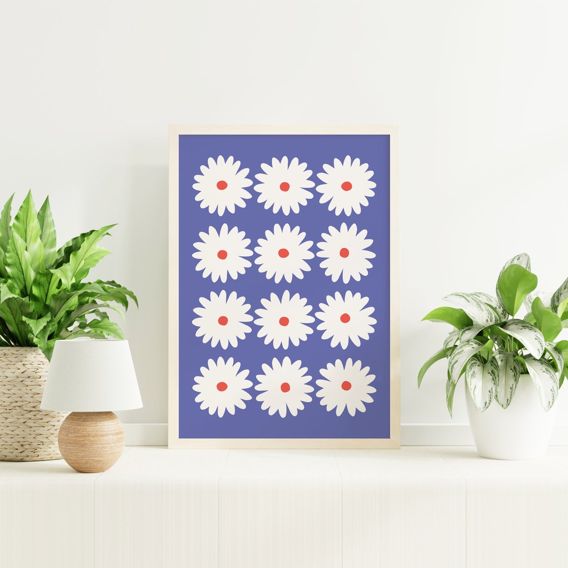 White Daisy Grid Bold Purple Background Retro Floral Art Poster - Image 3