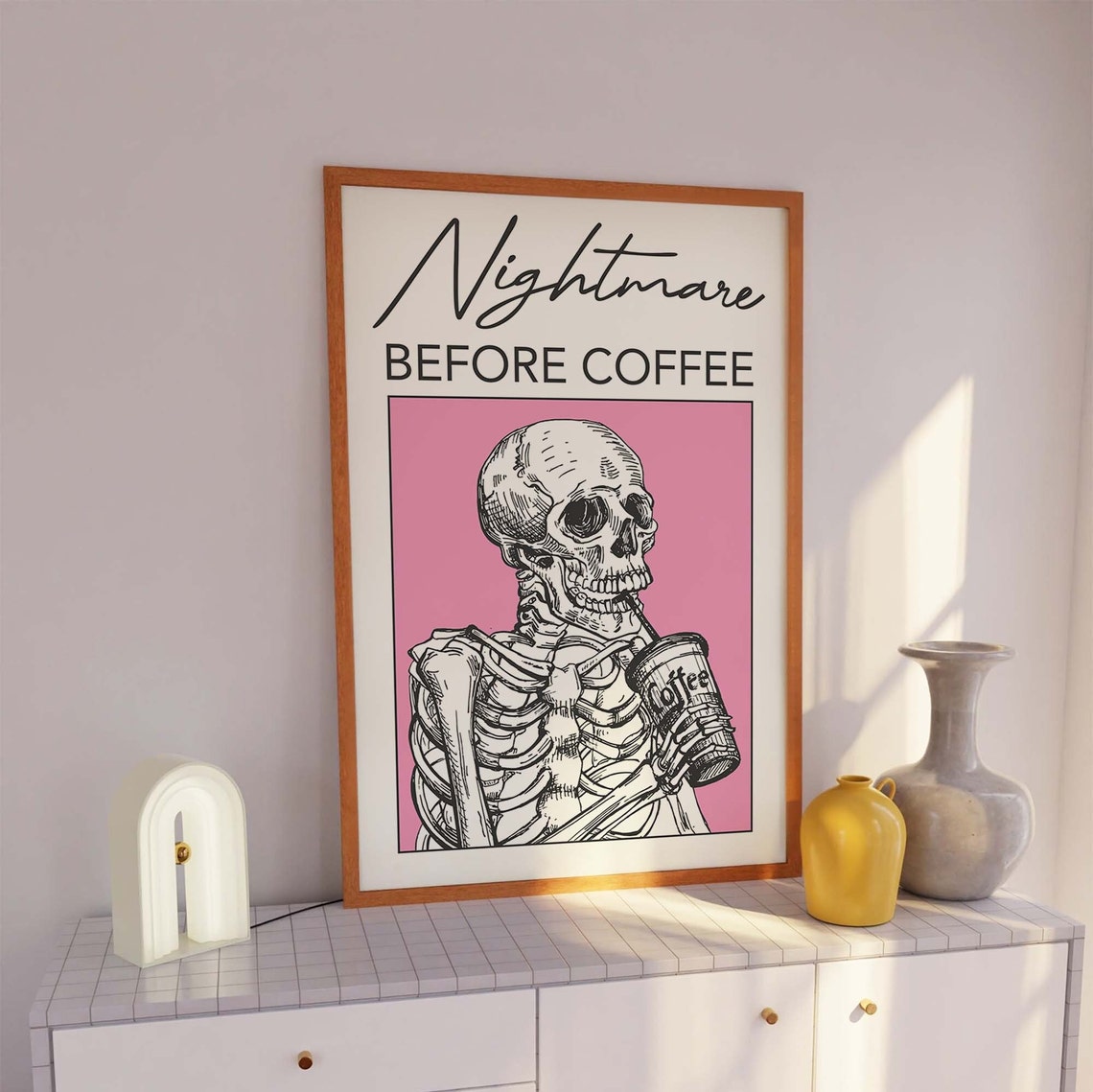 Nightmare Before Coffee Funny Skeleton Pink Halloween Coffee Poster - Image 3