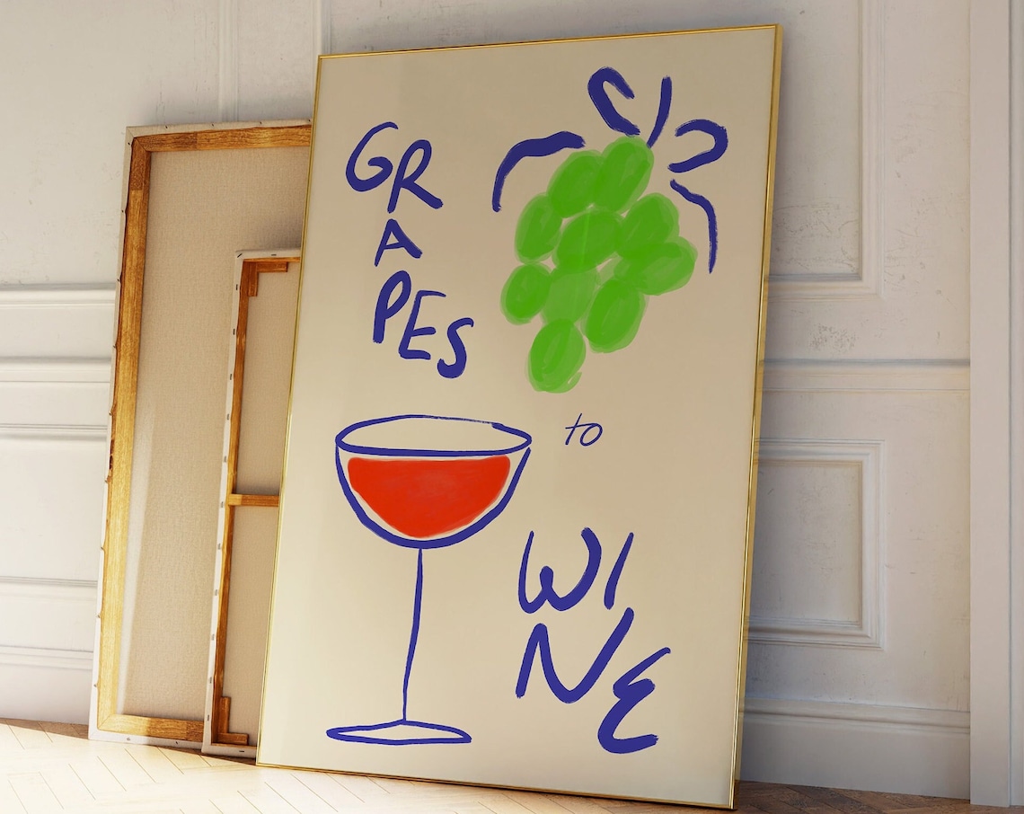 Grapes To Wine Green Grapes And Red Wine Glass Retro Art Poster