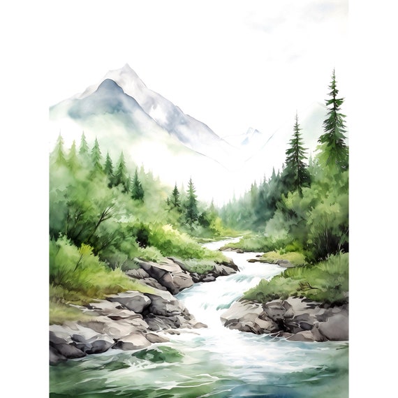Mountain River Watercolor Painting Print