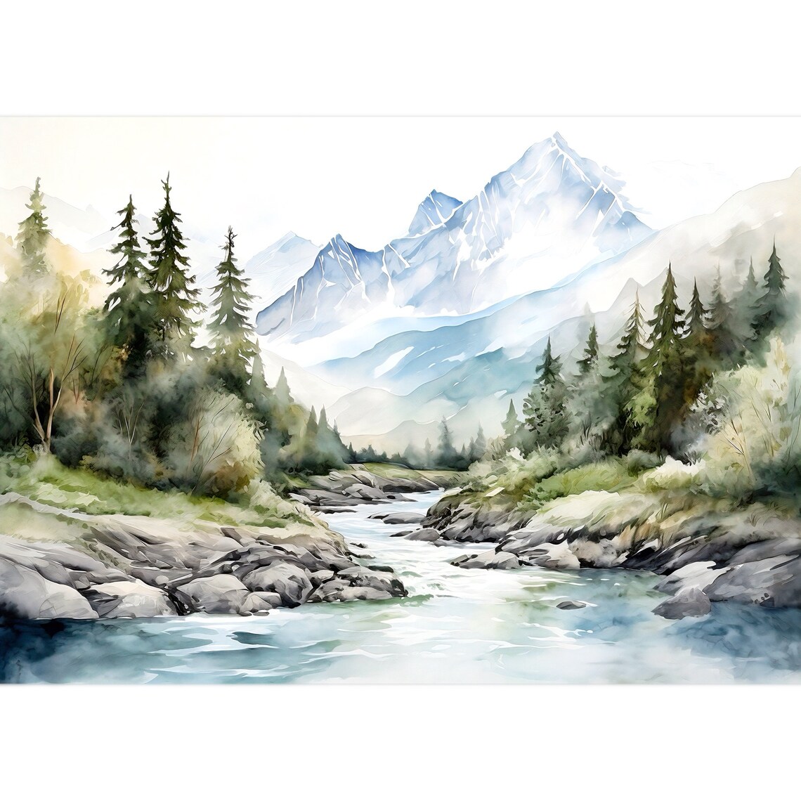 Mountain River Watercolor Landscape Art Print