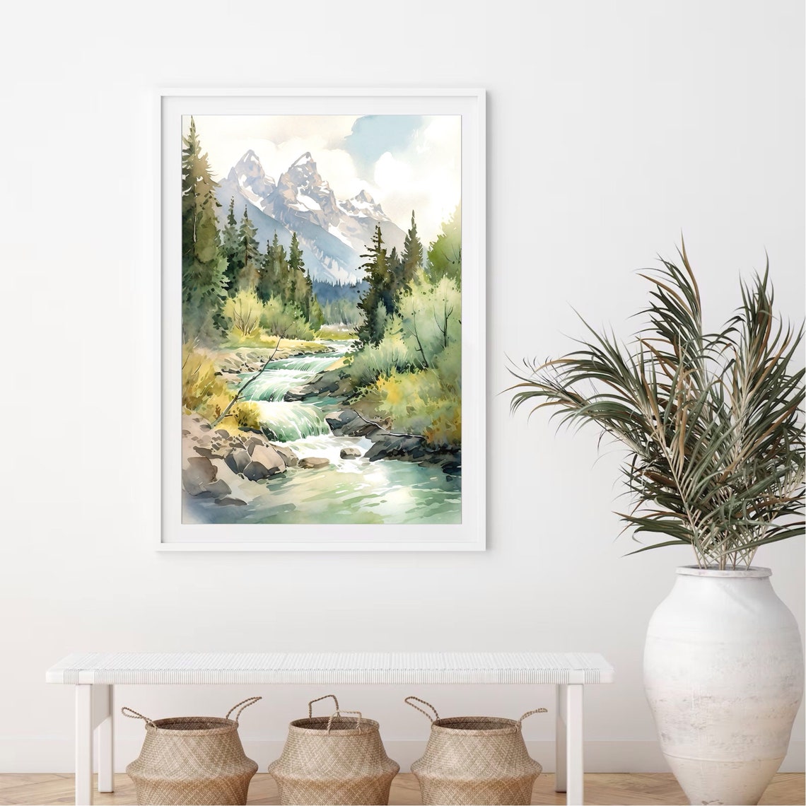 Mountain River Wall Art Watercolor Green Mountain Print Grand Teton National Park Usa Print Minimal Wall Decor Pine Forest Poster - Image 2
