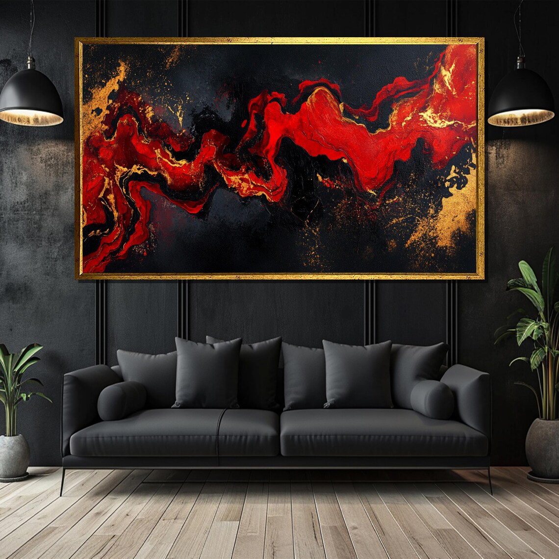 Elegant Red And Gold Abstract Painting, Modern Art Print