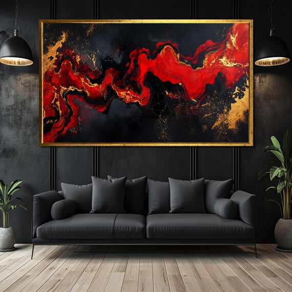 Elegant Red And Gold Abstract Painting, Modern Art Print