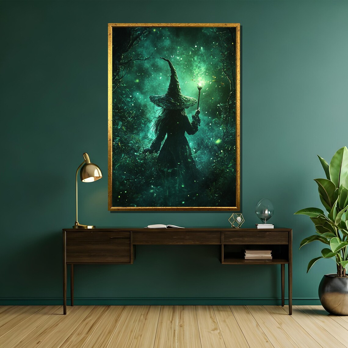 Witch Silhouette with Glowing Staff in Emerald Green Forest Poster - Image 5