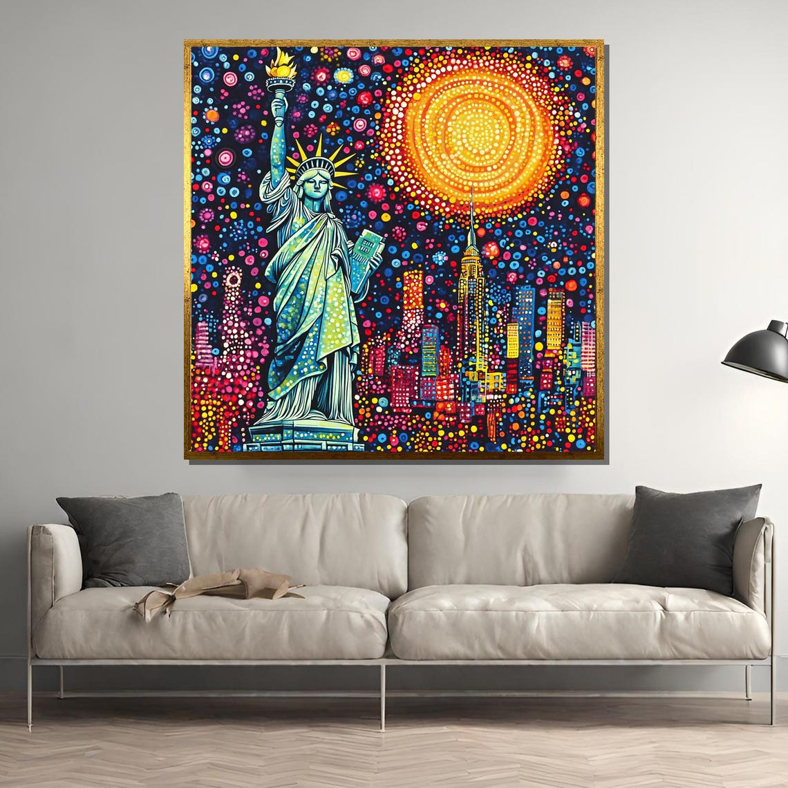 Statue Of Liberty Vibrant Dotwork Painting Over NYC Skyline Poster