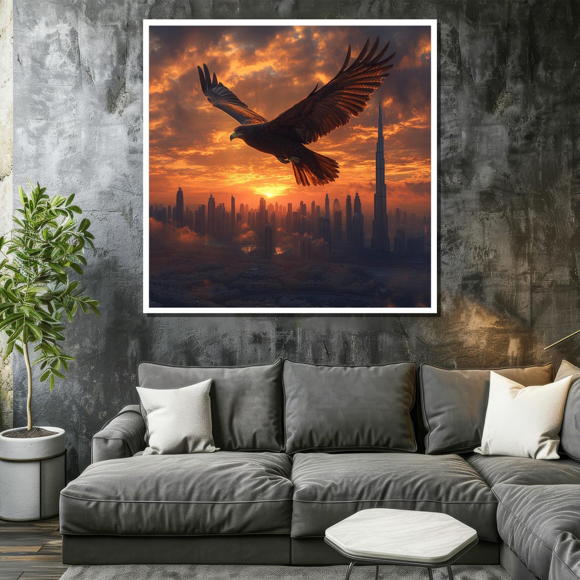 Eagle Soaring Over Dubai Skyline at Fiery Sunset Clouds Poster - Image 2