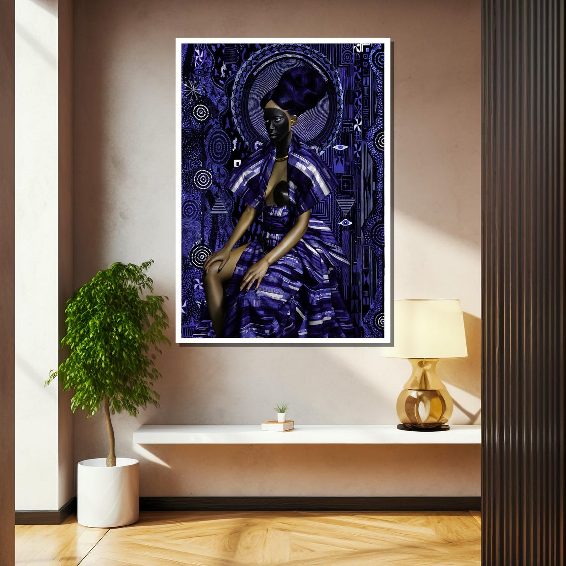 African Queen In Blue Robes With Tribal Pattern Backdrop Poster - Image 2