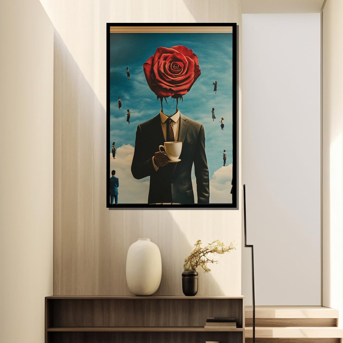 Surreal Rose Headed Businessman Holding a Coffee Cup Art Poster - Image 4