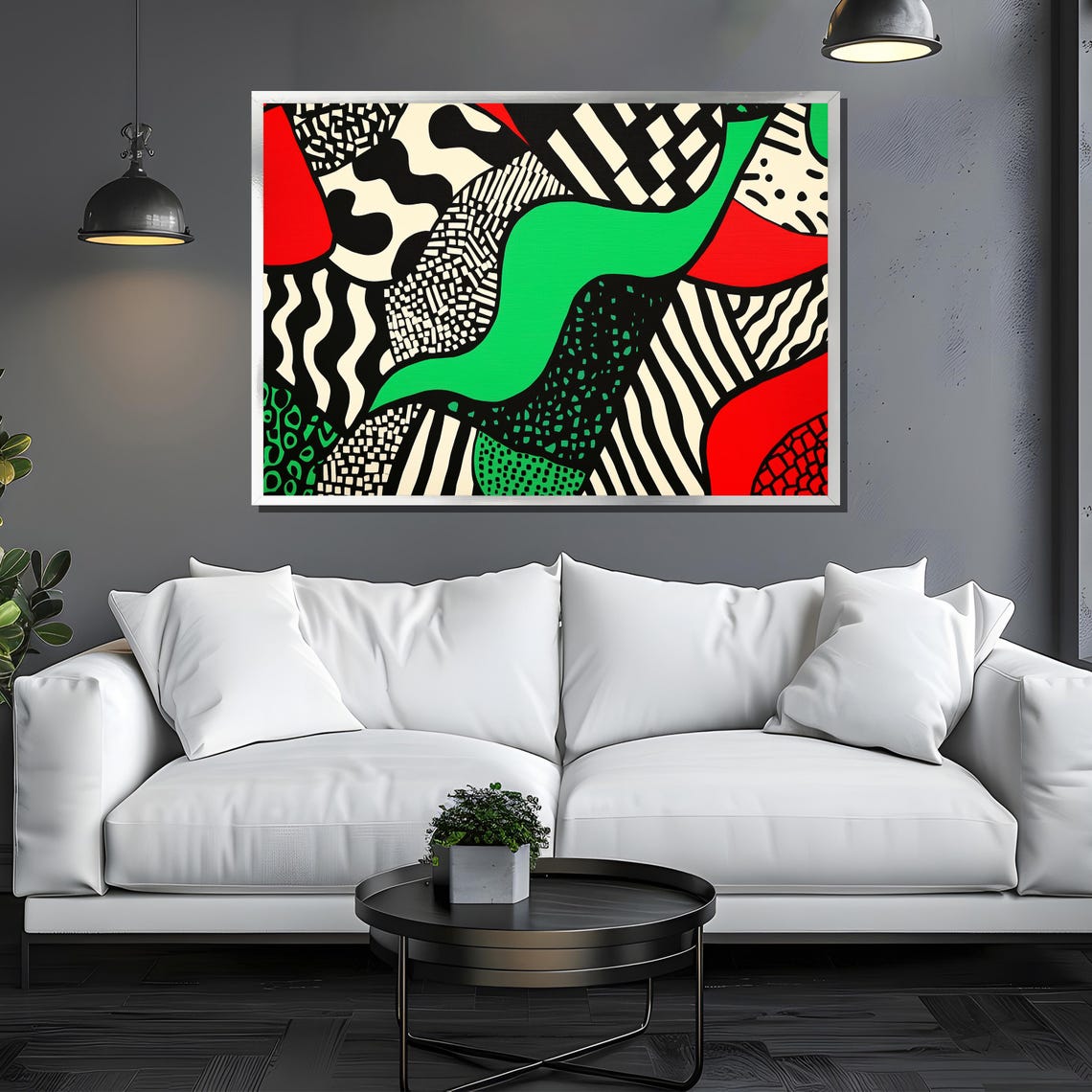 Geometric Abstract with Green Ribbon on Black White and Red Poster - Image 3