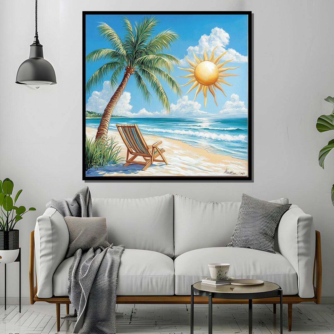 Sunny Tropical Beach with Palm Tree Chair and Bright Sun Poster - Image 4