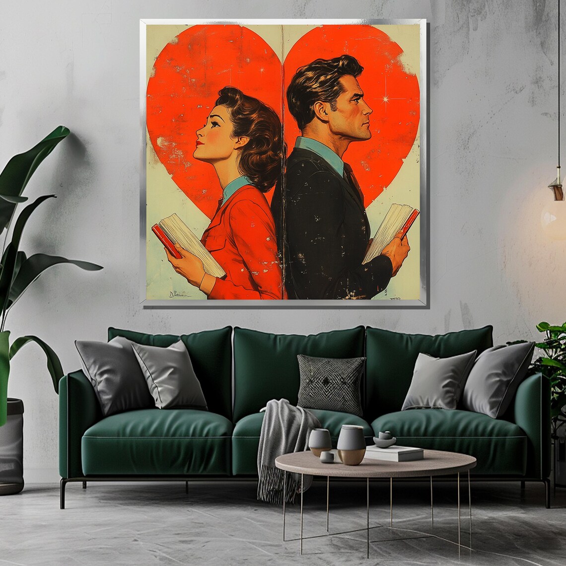 Retro 1950s Couple with Books in Front of Big Red Heart Poster - Image 3
