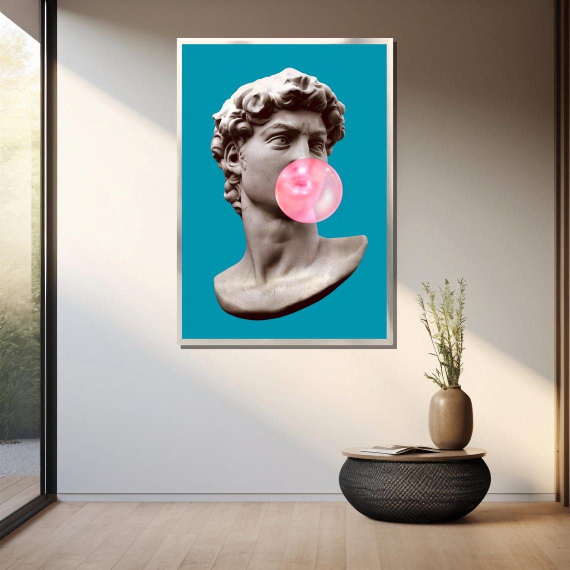 Michelangelo David Bust Blowing Pink Bubble Gum On Teal Poster - Image 3