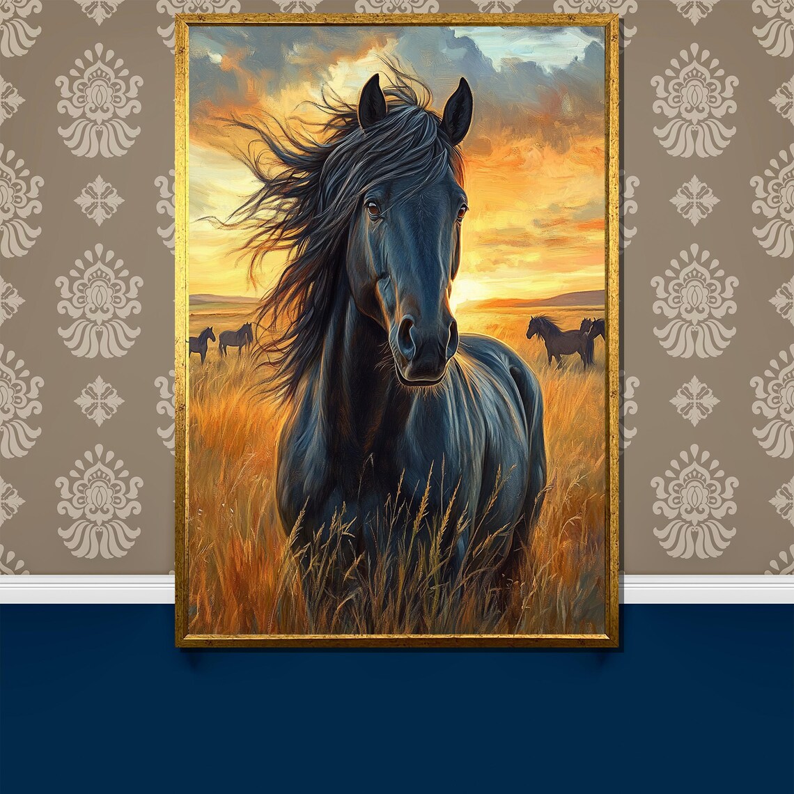 Majestic Black Horse At Sunset In A Golden Meadow Painting Poster