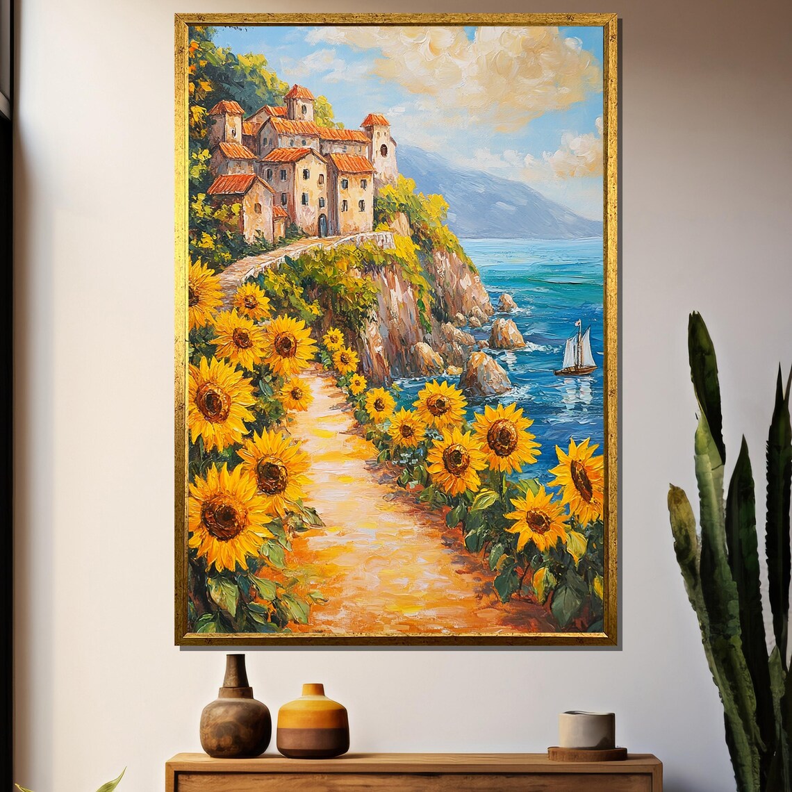 Sunflower Lined Path To Seaside Cliff Village Landscape Poster