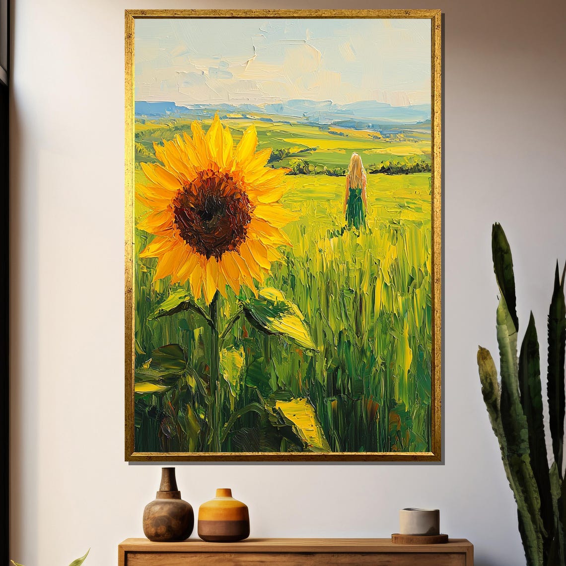 Blonde Woman Walking Alone Through A Sunny Sunflower Field Poster
