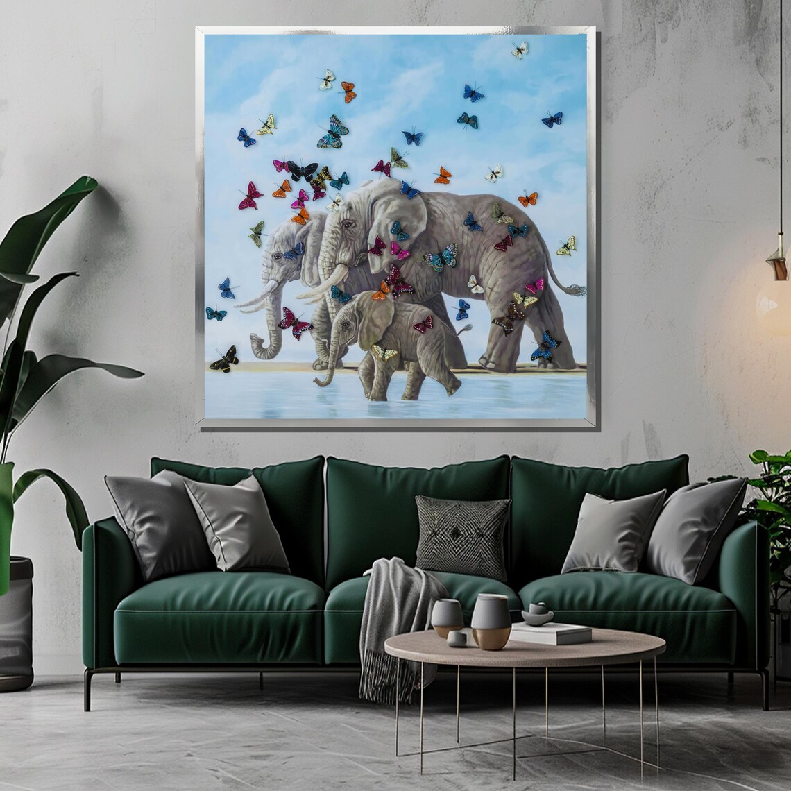 Elephant Family with Colorful Butterflies at Waters Edge Poster - Image 3