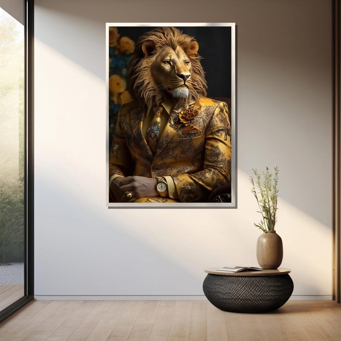 Dapper Lion In Ornate Gold Suit With Tie Regal Portrait Art Poster - Image 3