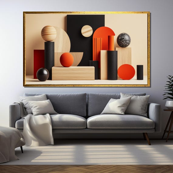 Modern Geometric Painting Red Black And Wood Abstract Wall Art Bold Minimalist Home Decor Gift