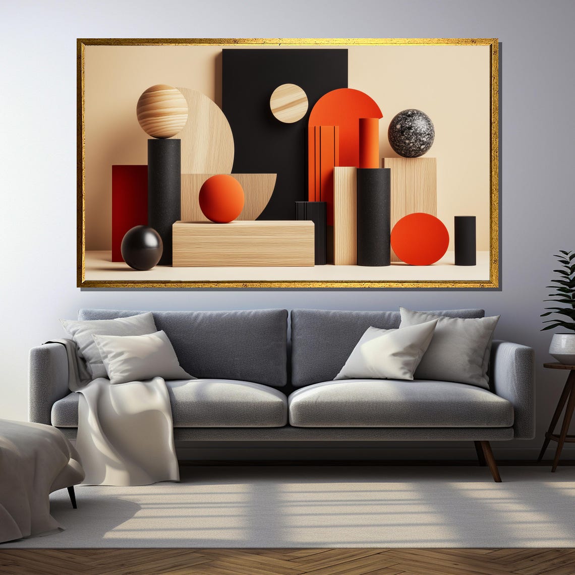 Red Black and Wood Sculptural Geometric Composition Abstract Poster