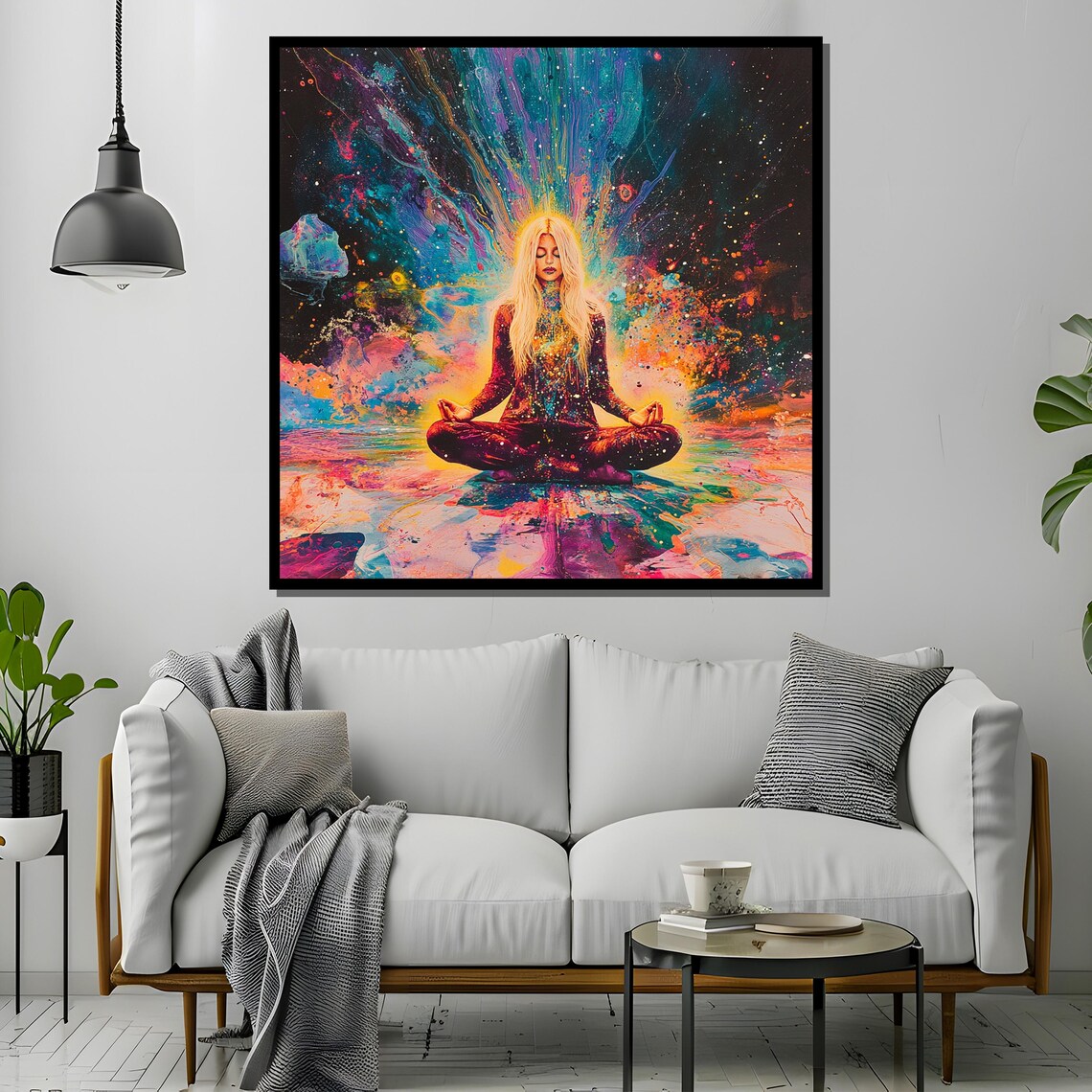 Blonde Woman Meditating In Vibrant Cosmic Energy Burst Poster - Image 4