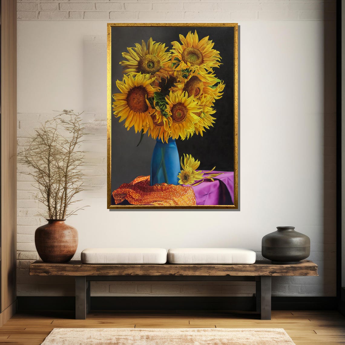 Sunflower Bouquet In Blue Vase Classic Dark Still Life Poster - Image 5
