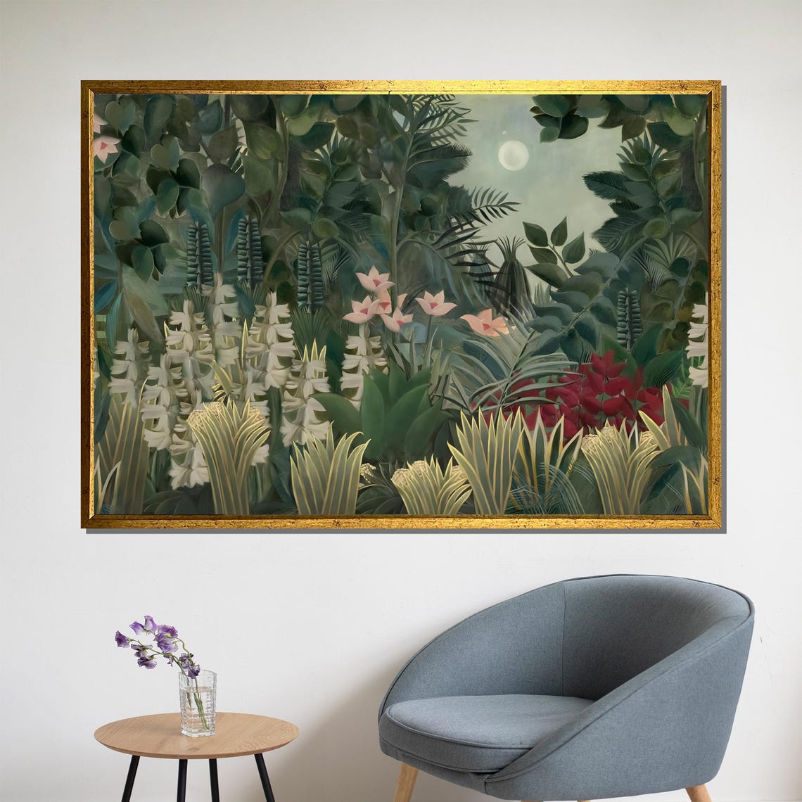 Moonlit Jungle With Exotic Flowers Naive Style Tropical Poster