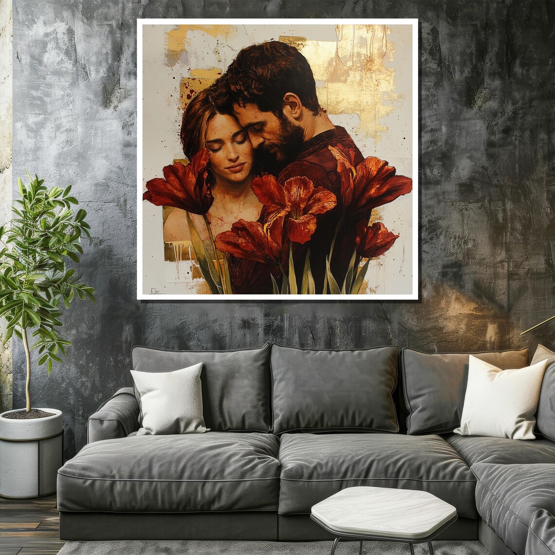 Romantic Couple Embrace with Red Amaryllis Flowers Gold Accents Poster - Image 2