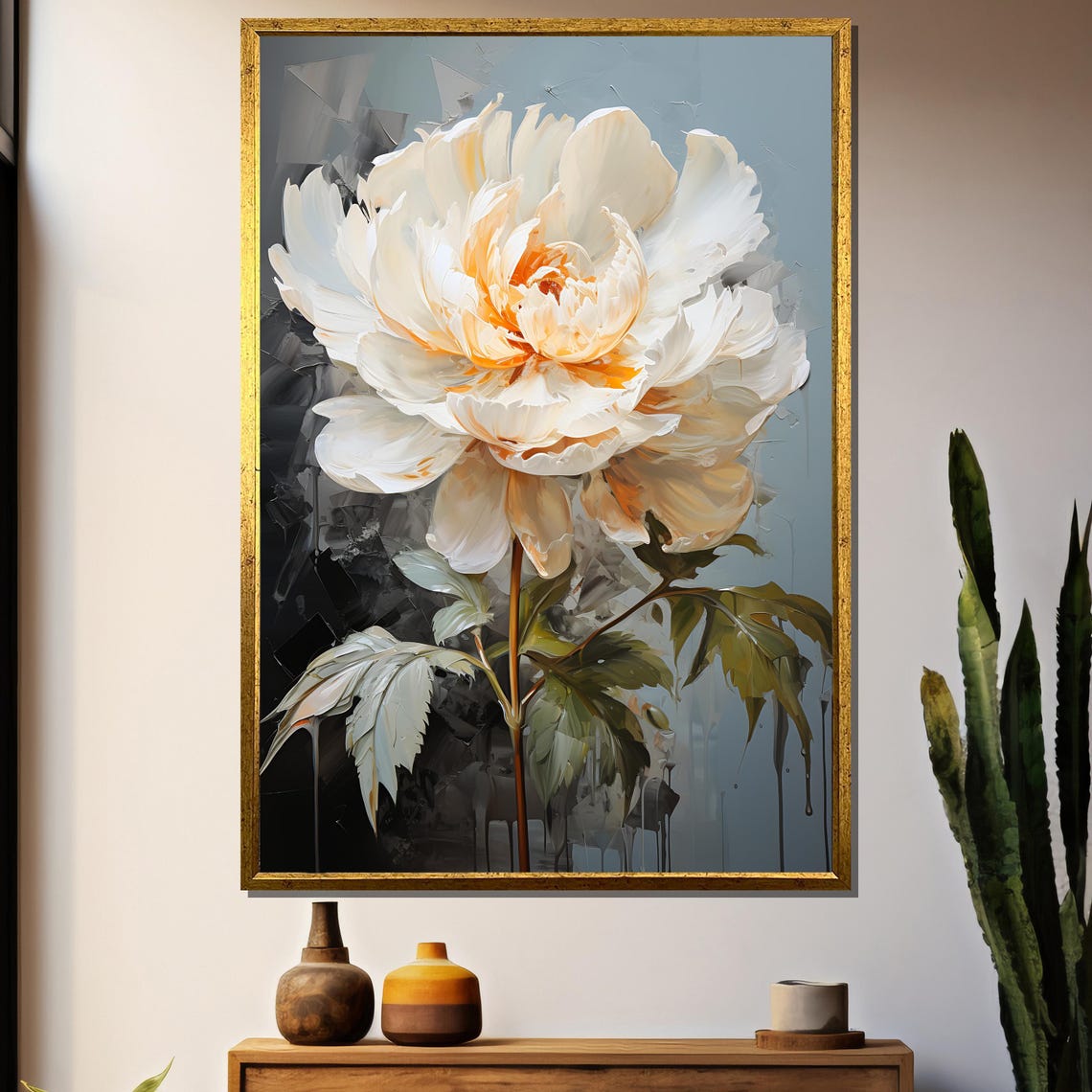 Elegant White Peony Bloom Modern Botanical Large Floral Wall Art