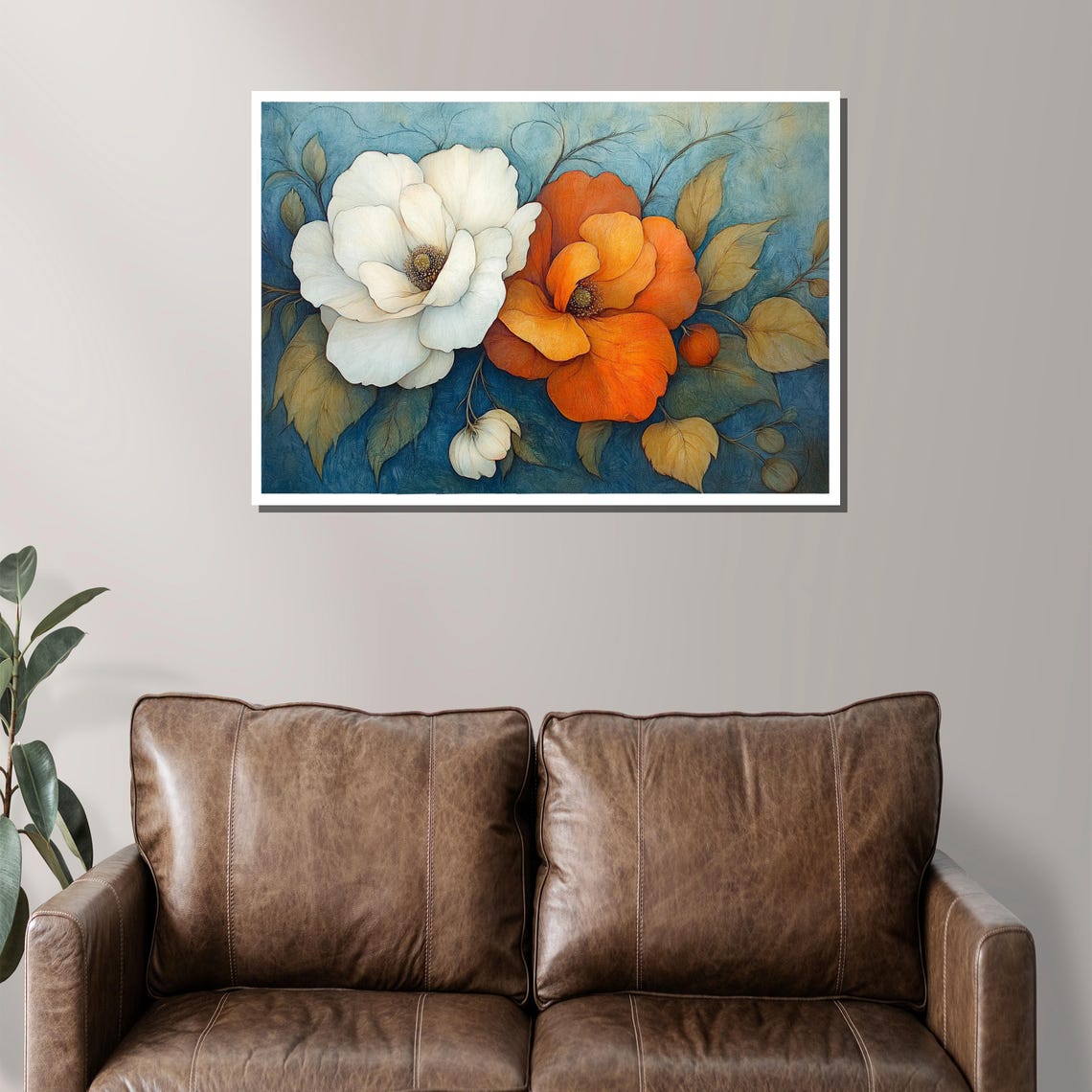 White And Orange Blossoms Modern Elegant Botanical Floral Wall Art - Image 2