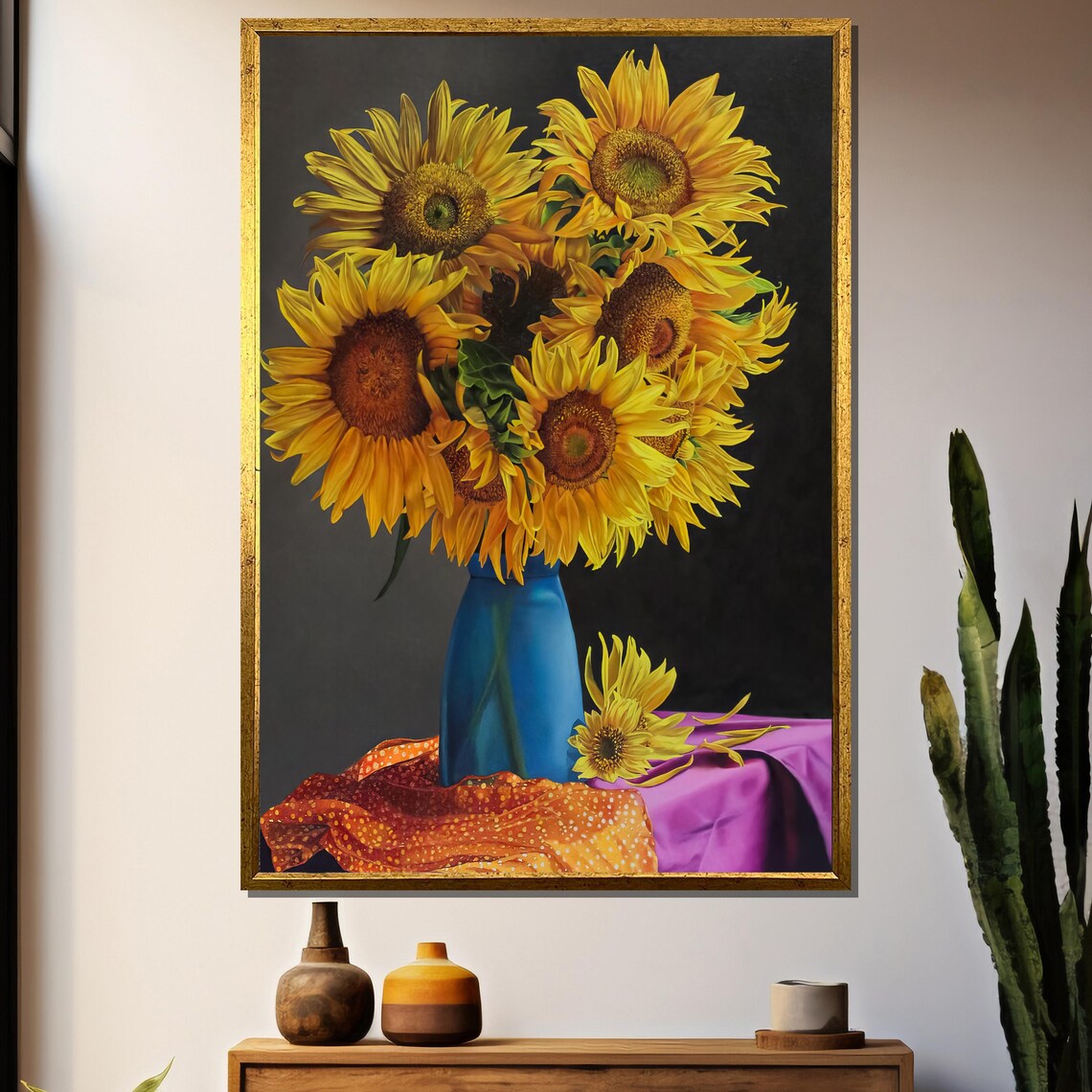 Sunflower Bouquet In Blue Vase Classic Dark Still Life Poster