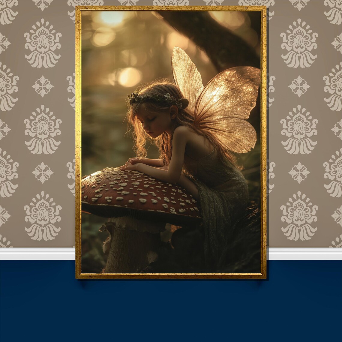 Little Fairy Resting on Giant Red Mushroom in Golden Forest Poster
