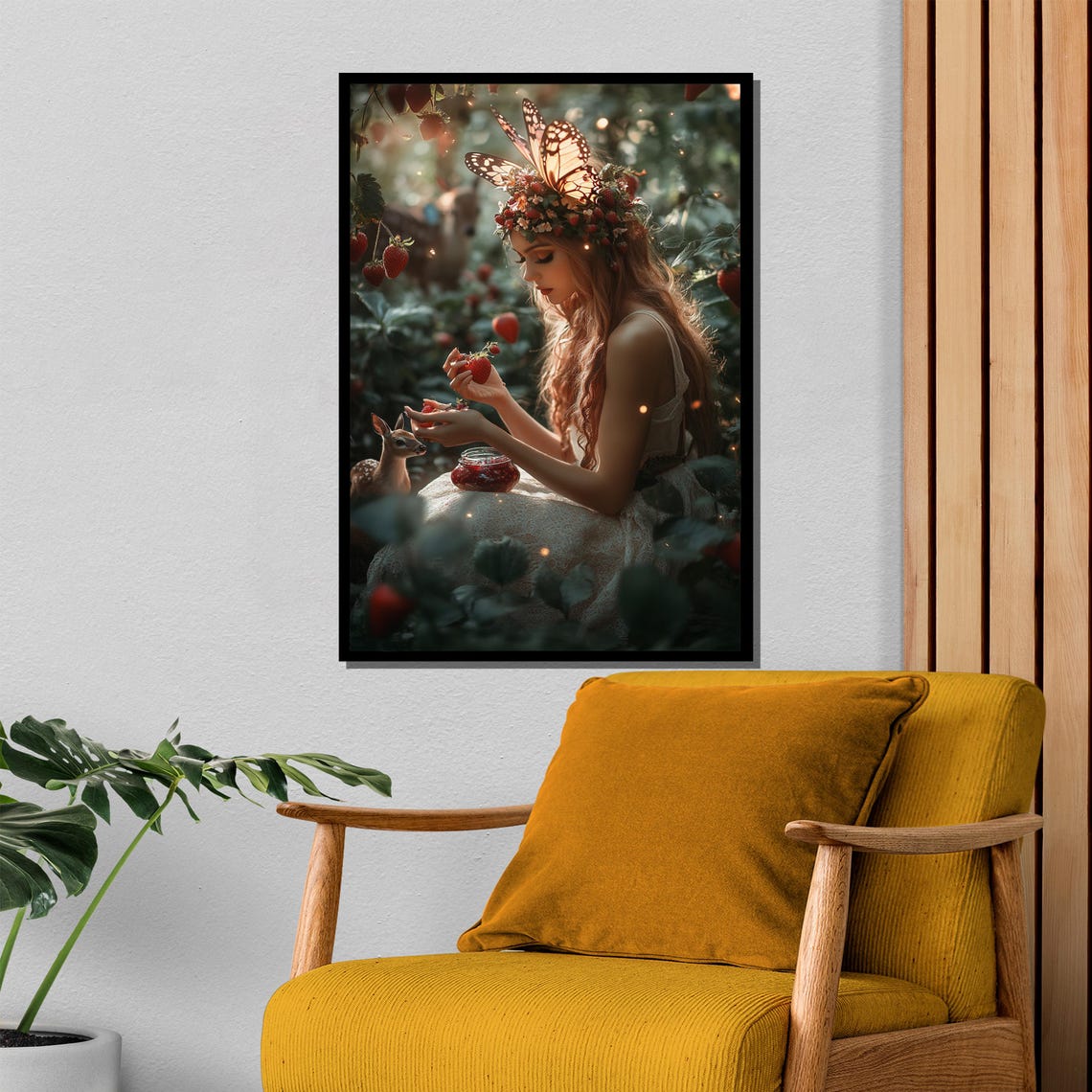 Strawberry Fairy Picking Berries Beside Tiny Fawn Garden Art Poster - Image 4