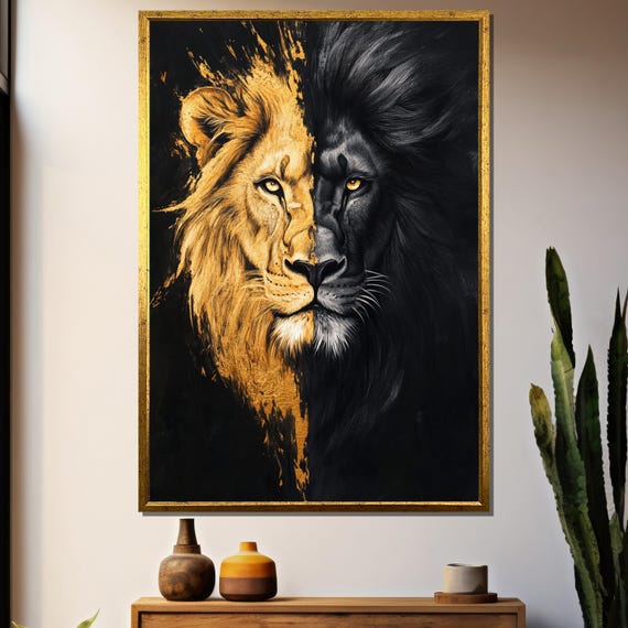 Black And Gold Dual Lion Painting Bold Wildlife Art For Modern Wall Decor And Unique Gift