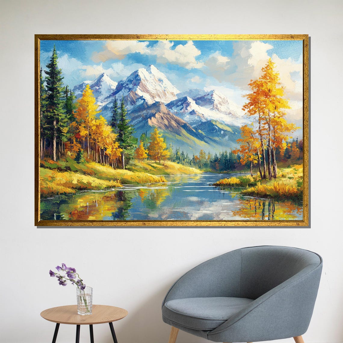 Autumn Mountain Lake With Snow Capped Peaks Landscape Art Poster