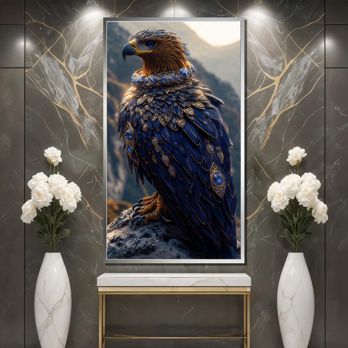 Regal Majestic Sapphire Jeweled Eagle in Mountain Landscape Poster - Image 3